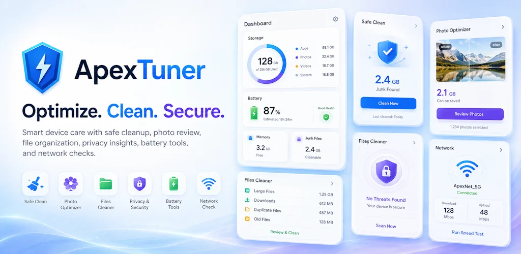 ApexTuner feature overview with dashboard, safe clean, photo optimizer, files, privacy, battery and network tools